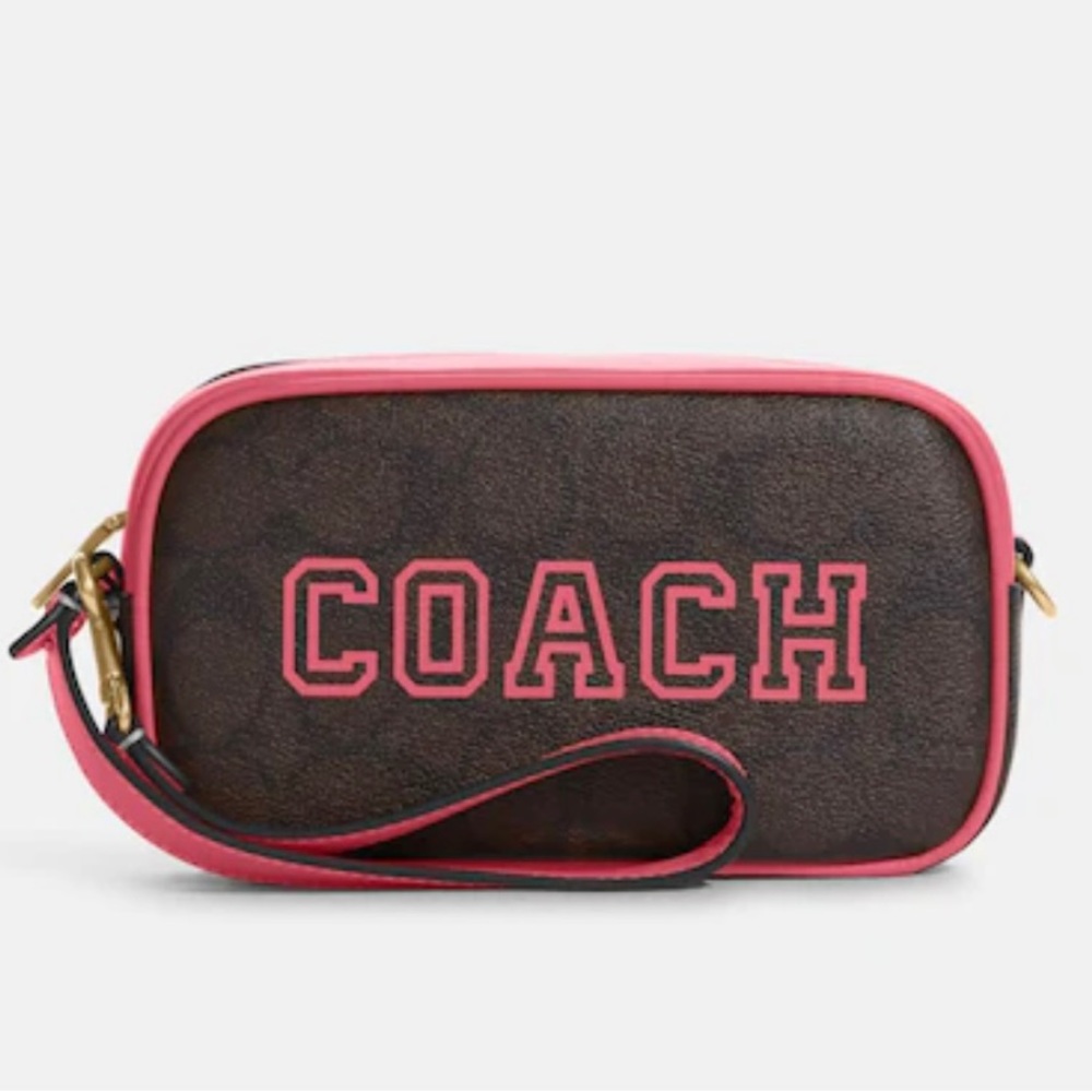 Coach Jamie Wristlet In Signature Canvas With Varsity Motif IM/Brown/Watermelon